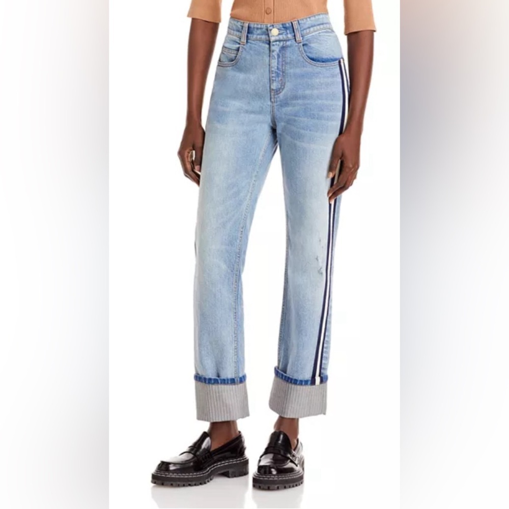 Women's Light Blue Straight Leg Jeans with Side Stripe